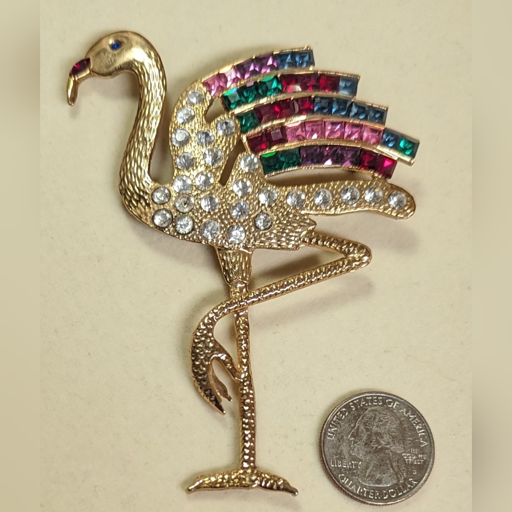 Large Vintage Rhinestone flamingo lapel pin